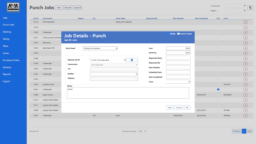 AVA - Punch Job Details